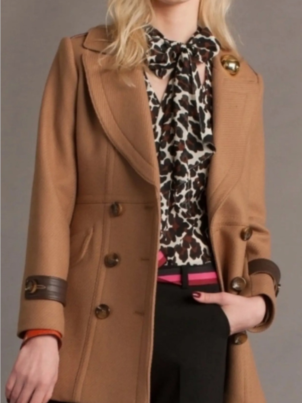 Trina Turk Camel Brown Double-Breasted Pea Coat size 10